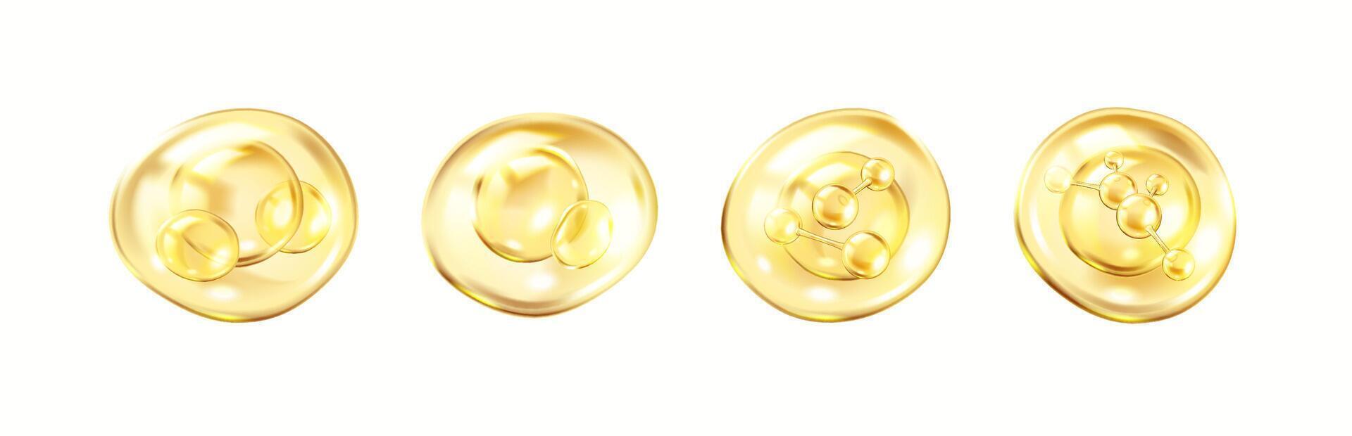 Golden bubbles with collagen molecules realistic color icons set. Innovative components of skincare products 3d object on white background vector