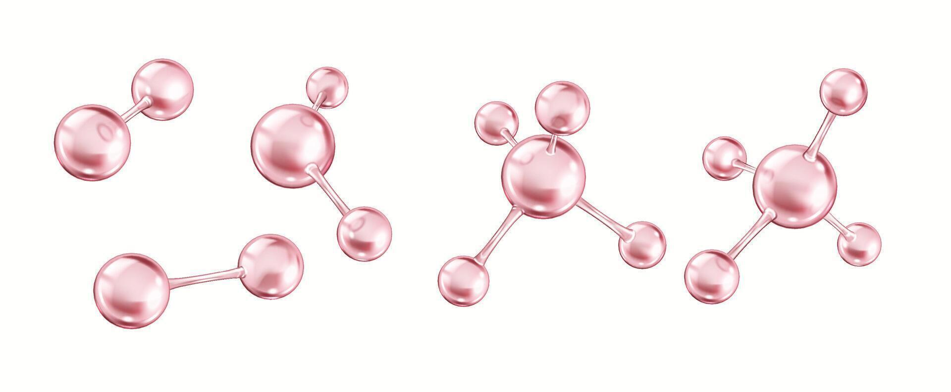 Pink collagen molecules forming structures realistic color icons set. Rotating models for chemists investigation 3d objects bundle on white background vector