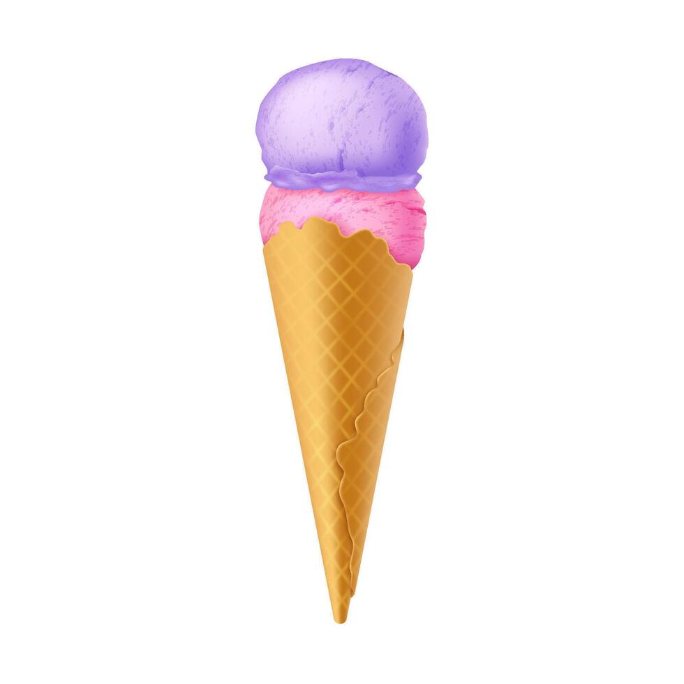 Realistic ice cream cone with pink and purple scoops. Bright colors symbolize freshness and fun. Perfect for summer themes and advertisements. Isolated on white background. vector