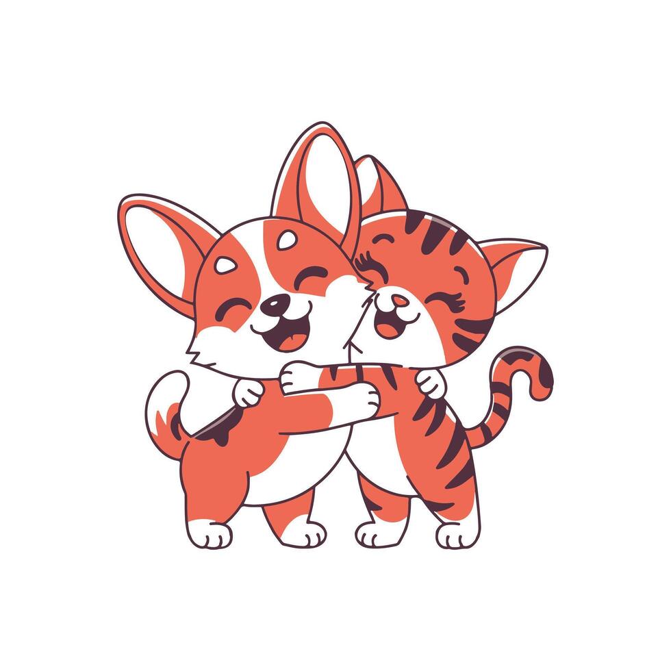 Cute dog and cat hugging cartoon illustration. vector