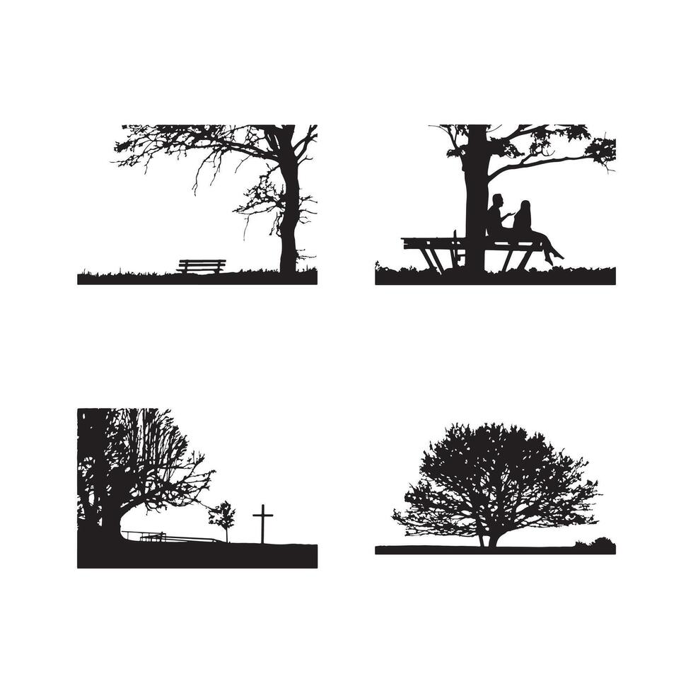 Tree and bench silhouette set with romantic and memorial scenes. vector