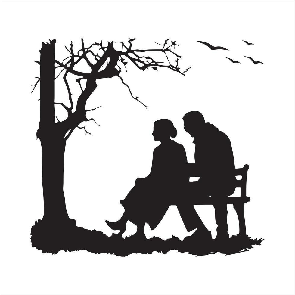 An elderly couple in silhouette sitting on a bench under a tree with birds flying. vector