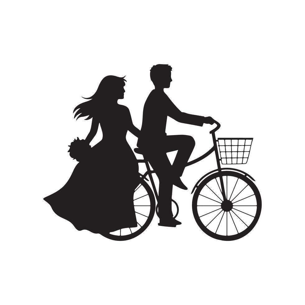 Romantic couple silhouette riding a bicycle. vector