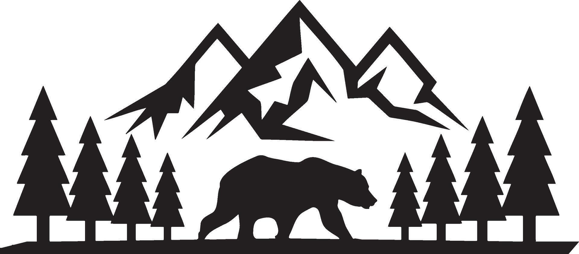 Bear silhouette with pine trees and mountain landscape. vector