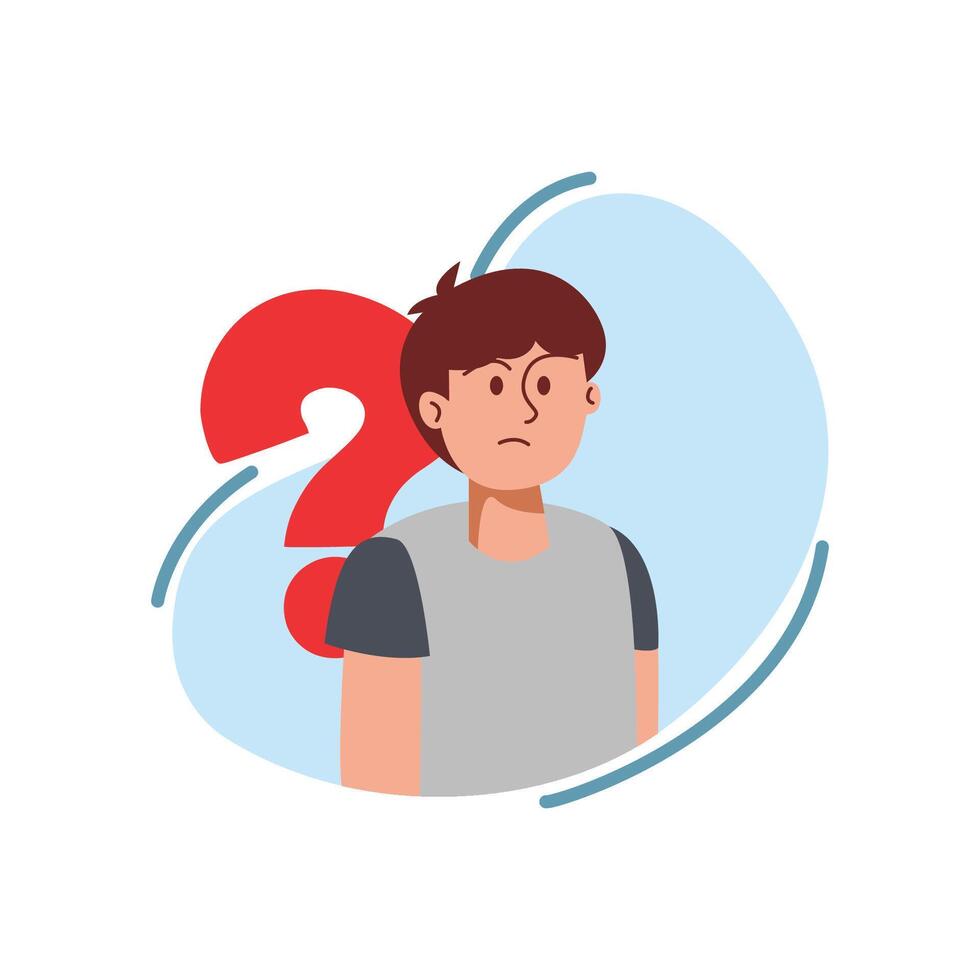 Flat illustration of a confused boy standing with a large red question mark behind him, symbolizing doubt, uncertainty, or curiosity vector