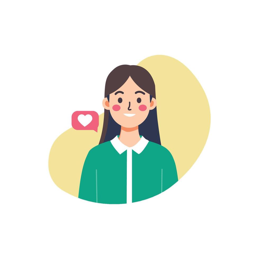 Smiling young woman avatar with heart icon, flat cartoon on abstract background vector