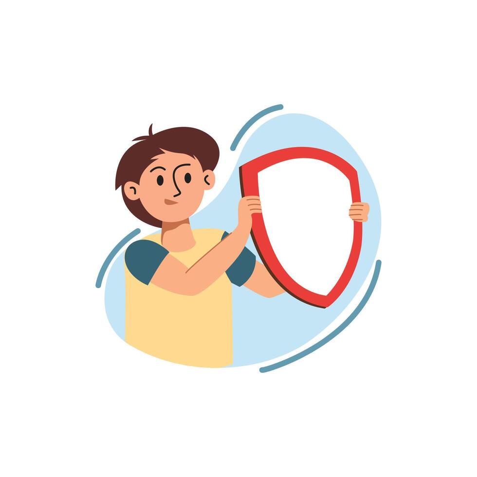 Flat illustration of a boy holding a blank red shield, symbolizing protection, safety, or defense, on a light blue abstract background vector