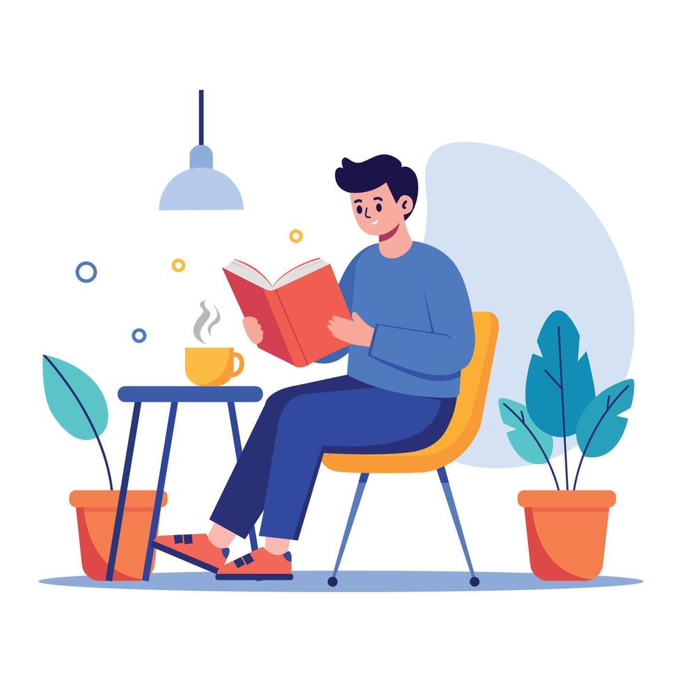 Flat illustration of man reading book with coffee in cozy room, minimalist indoor scene vector
