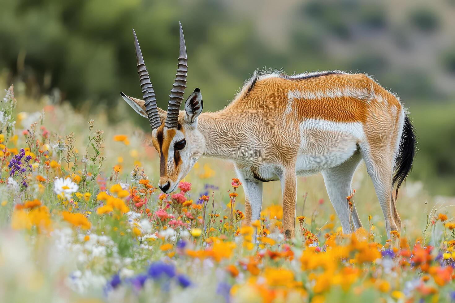 A gazelle is grazing in a field of flowers photo