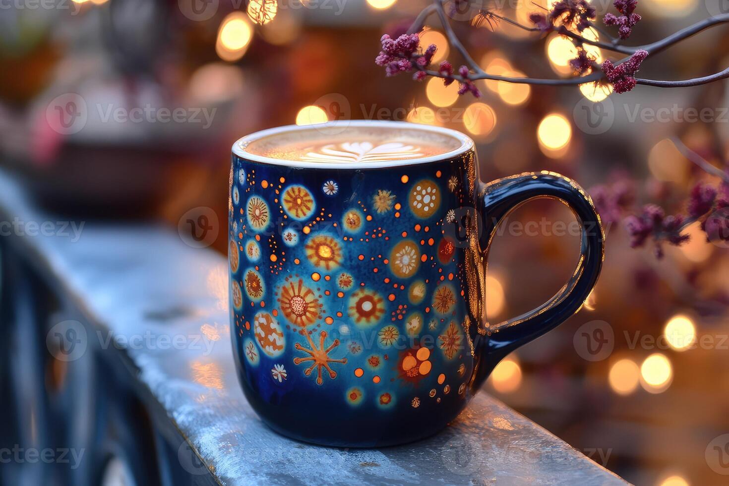 A coffee cup with a colorful design on it photo