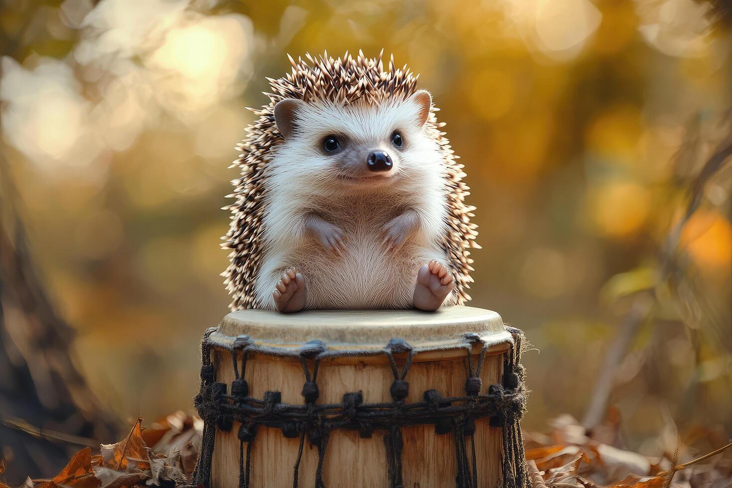 A hedgehog sitting on top of a drum photo