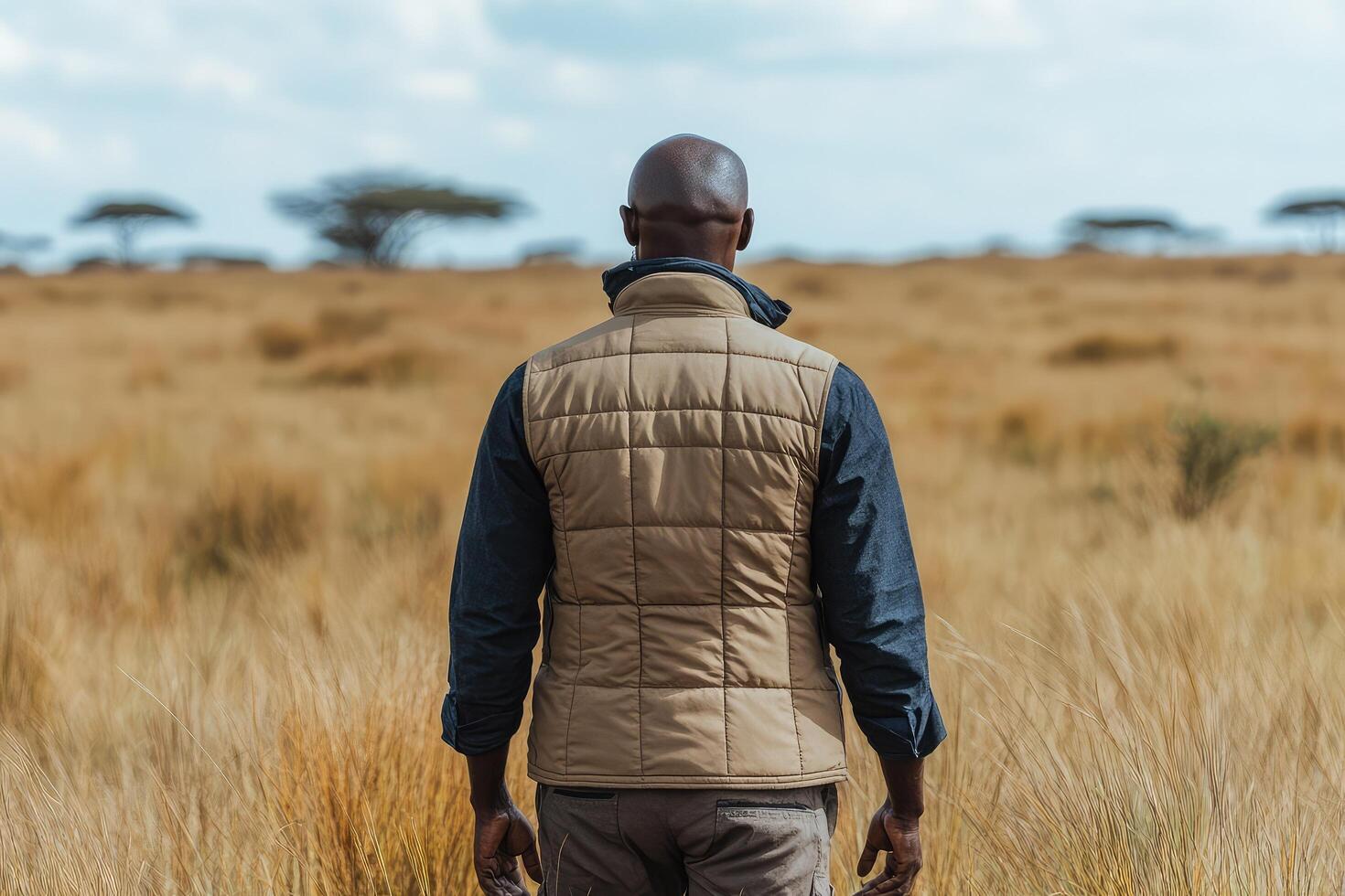 A man in a vest stands in the middle of a field photo