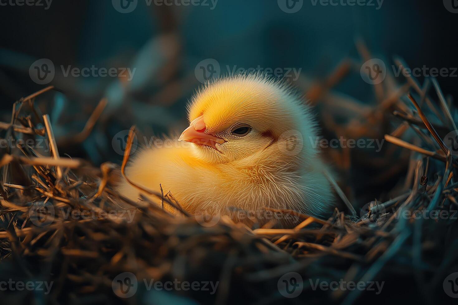 A baby chicken is sitting in a nest photo