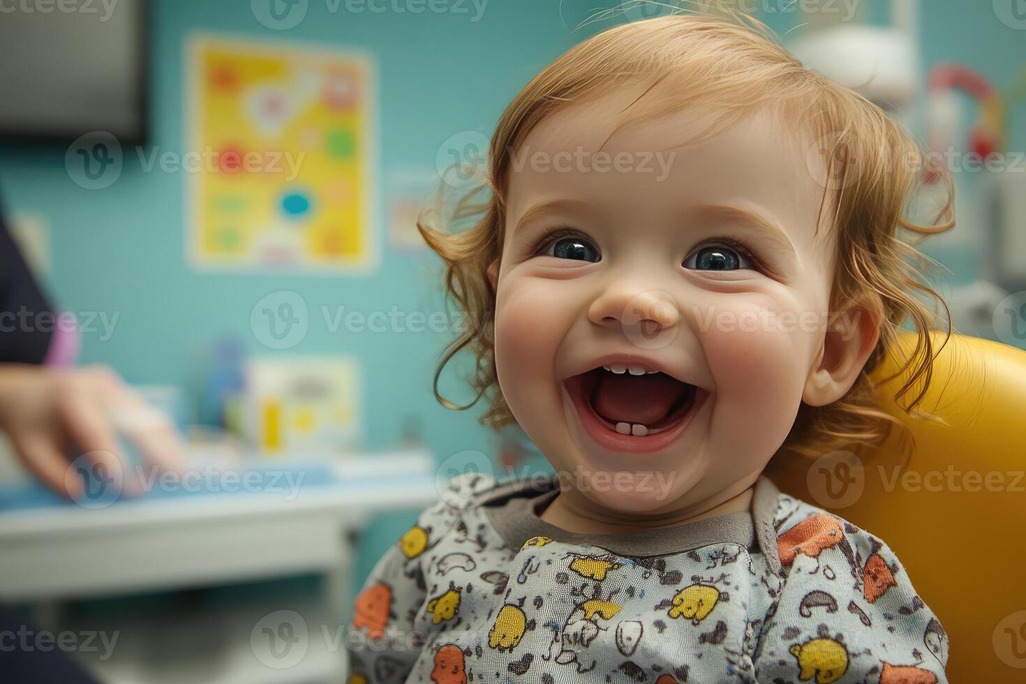 A child is laughing in a dentist chair photo