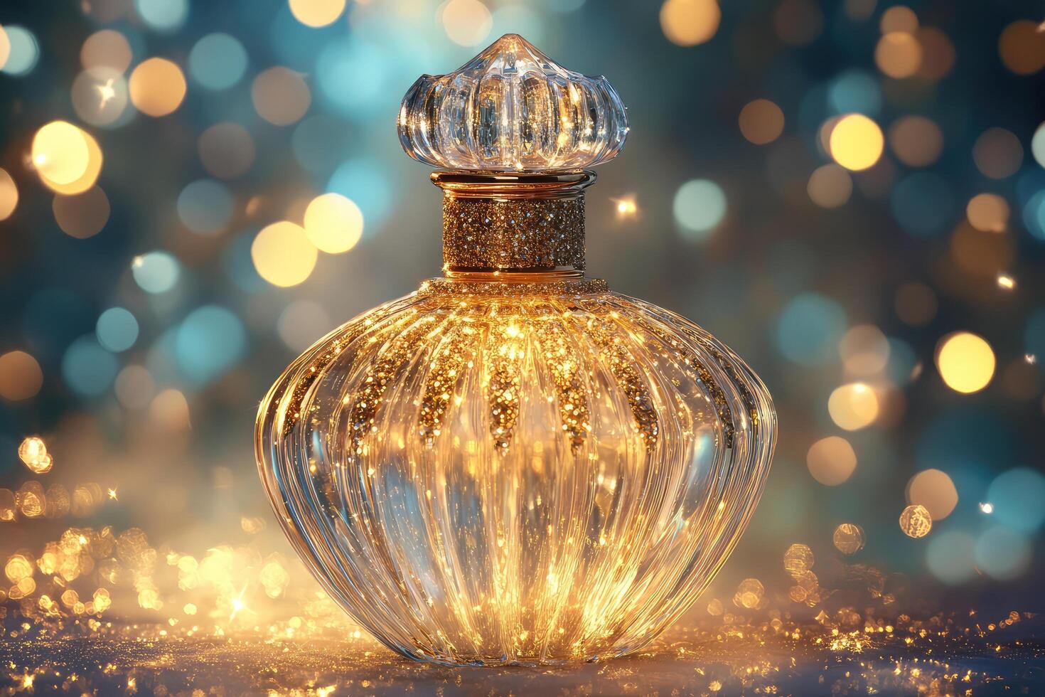 A glass perfume bottle with sparkling lights on a bokeh background photo