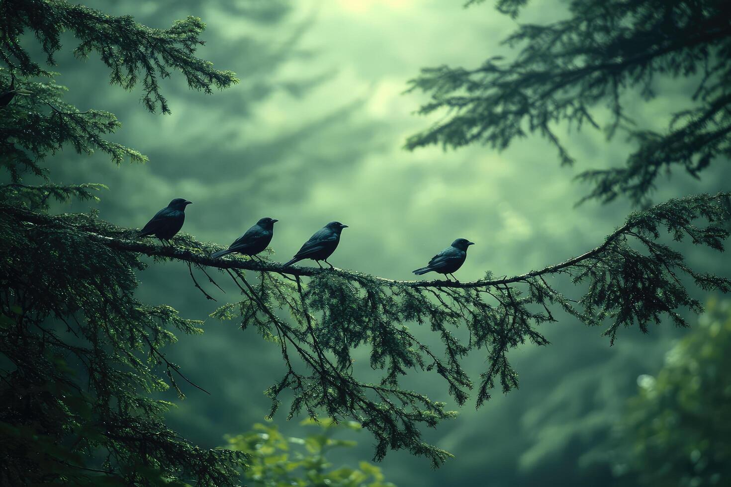 Four birds sitting on a branch in the forest photo