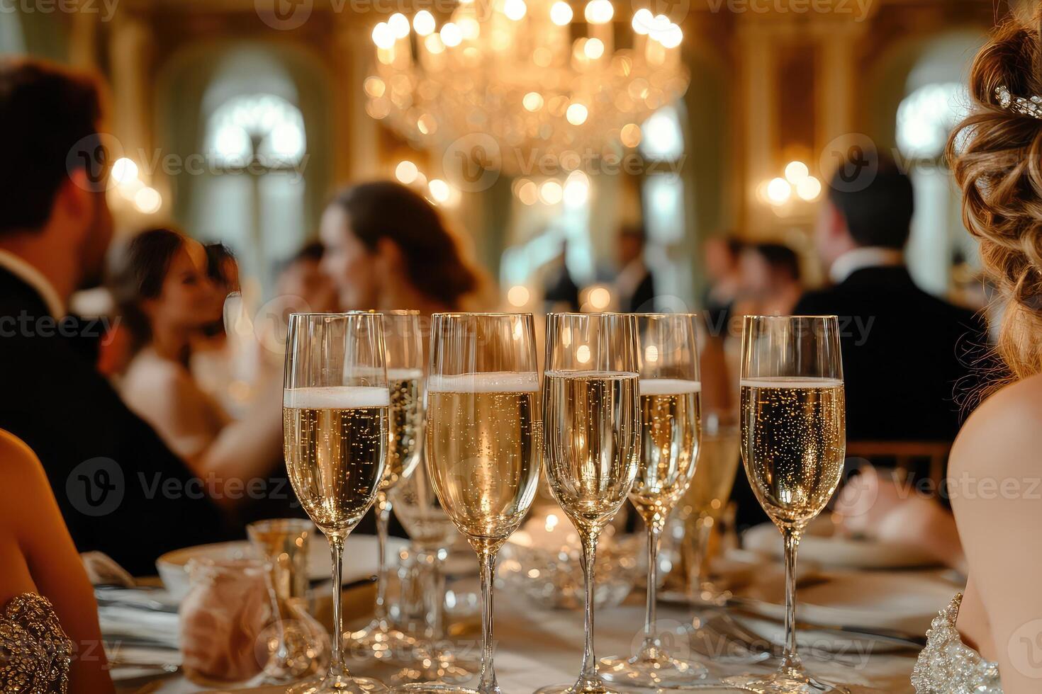 A group of people sitting at a table with champagne glasses photo