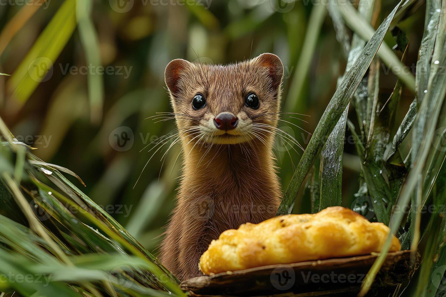 A weasel is sitting in the grass with a piece of bread photo