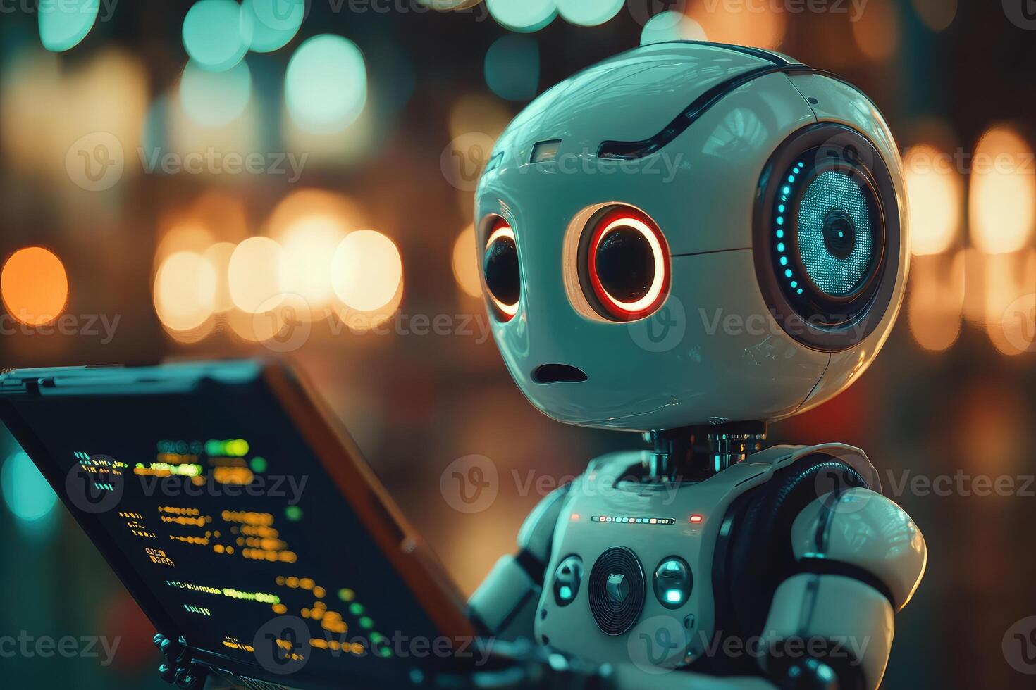 A robot holding a tablet computer in front of a city background photo