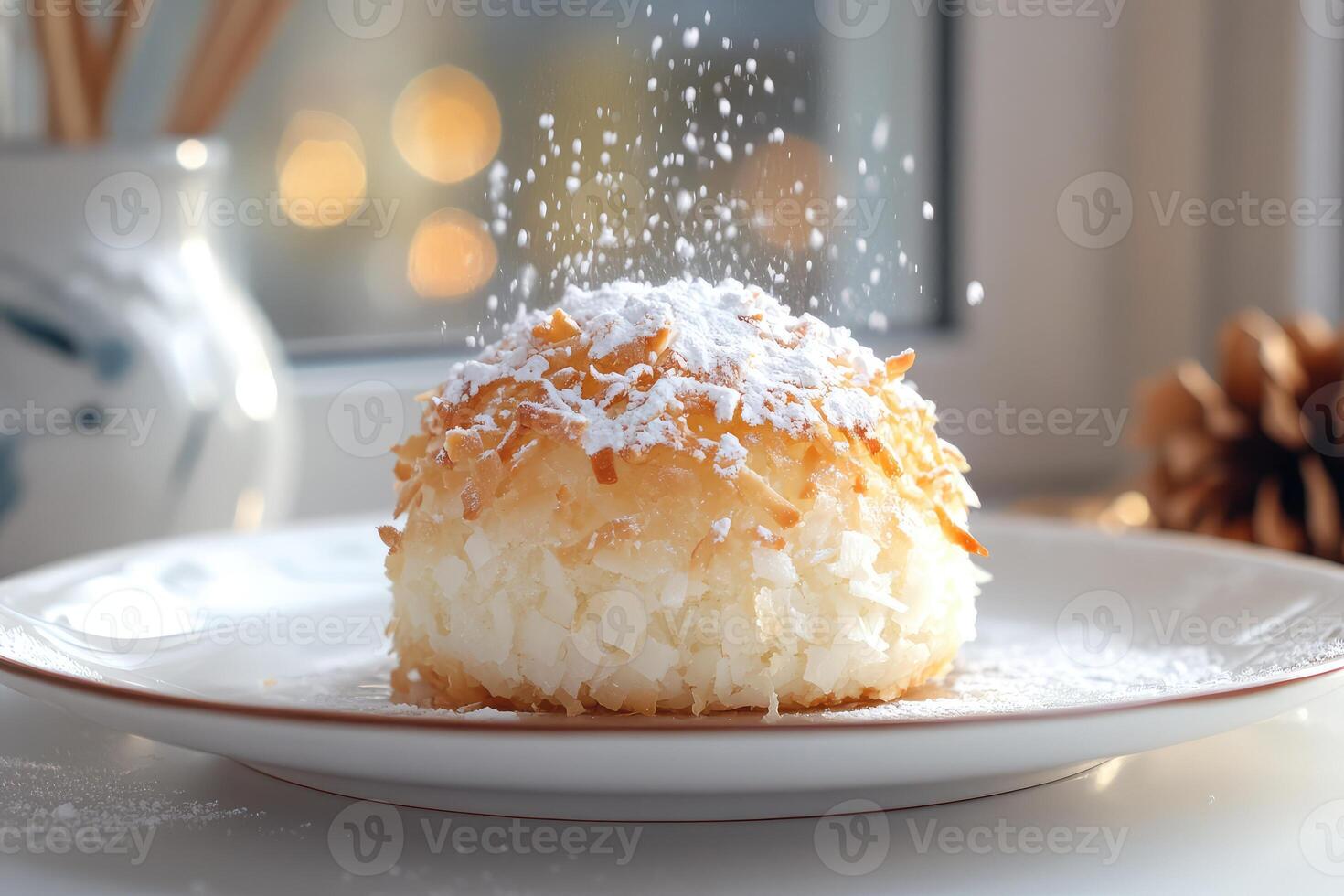 A dessert on a plate with powdered sugar photo