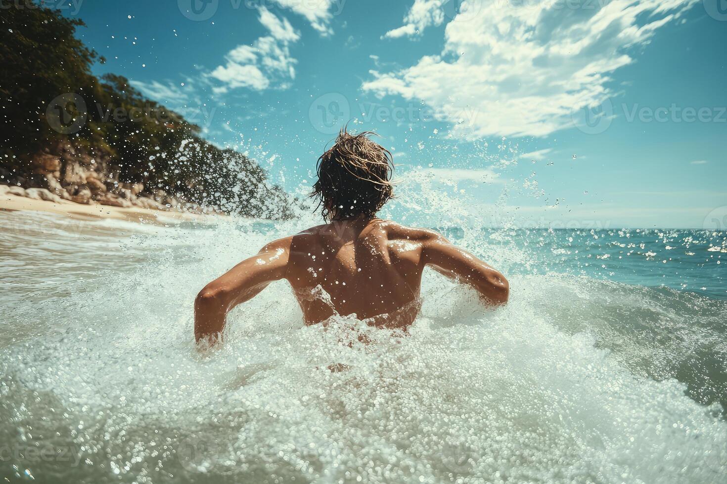 Joyful Adventurer Embracing the Ocean Breeze Elevating Beach Vibe photo
