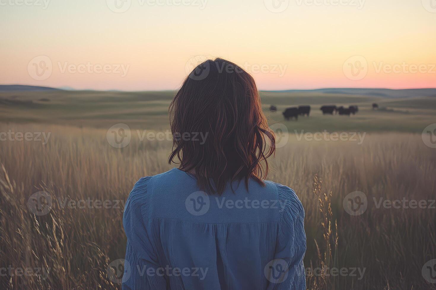 A woman standing in a field with cows photo
