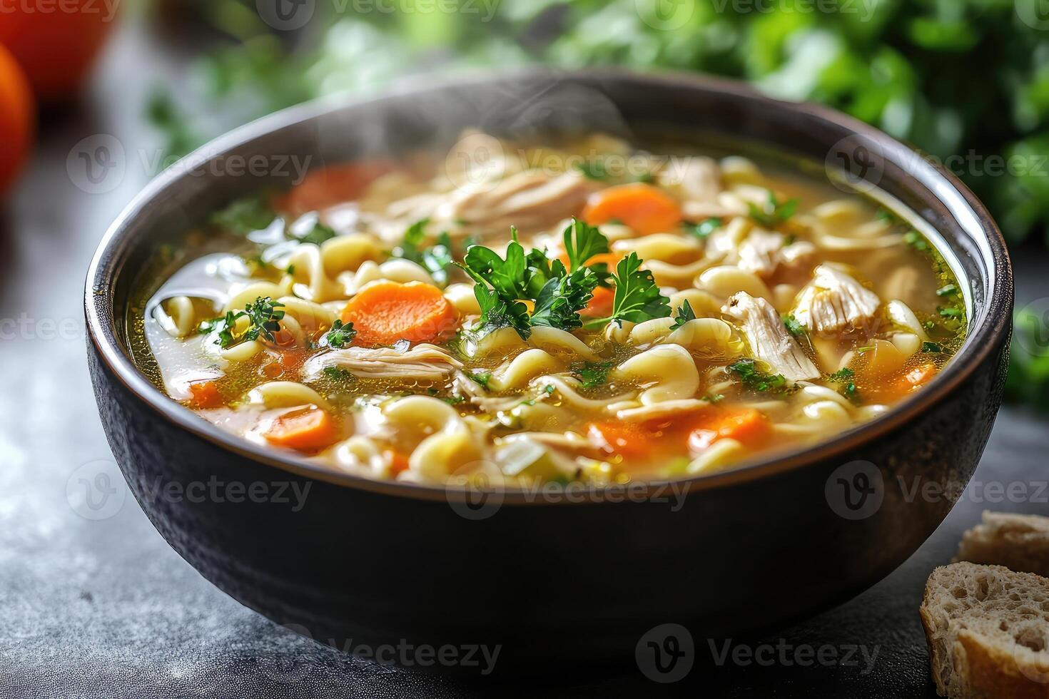 Chicken noodle soup with carrots and parsley photo