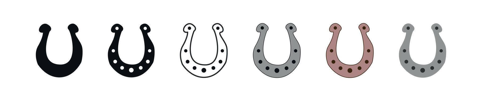 Set of Horseshoes in Various Styles, Black Silhouette, Outline, Colored Versions on white background. Concept of Good Luck, Equestrian Symbols, Western Icons. Collection of Design Elements Horse Theme vector