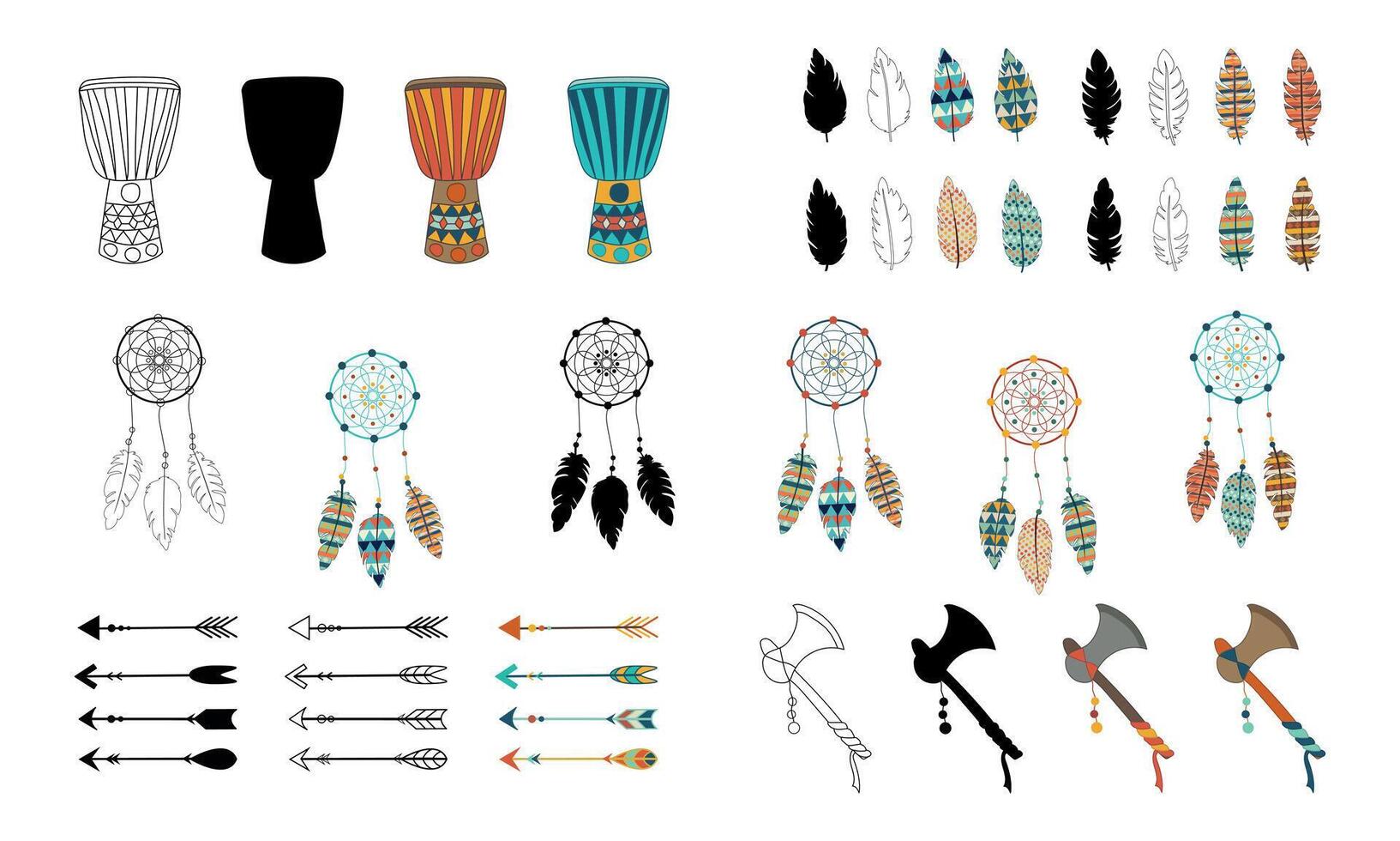 Set of Indian tribal elements with drums, dreamcatchers, feathers, arrows, axes tomahawks in various silhouettes, outlines, colorful designs isolated on white. culture ethnic traditions African decor vector