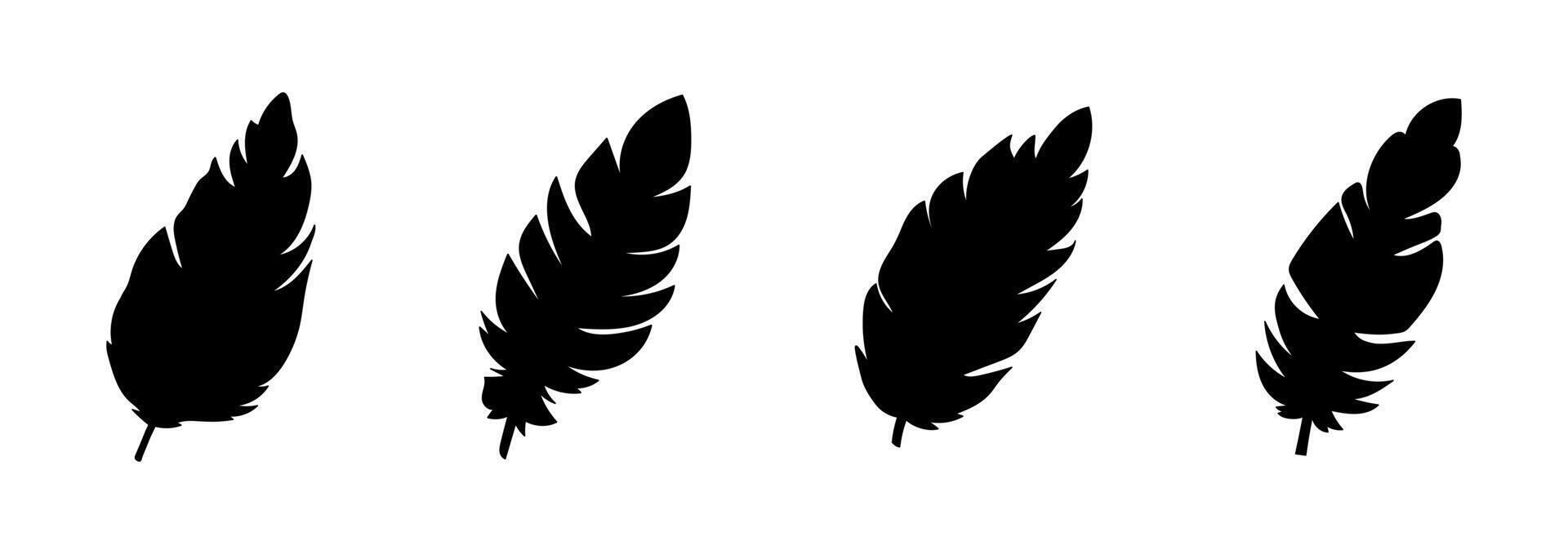 Set of Black Silhouettes of Feathers Isolated on White Background. Concept of Nature Art, Minimalist Design, Elegant Plumage, Graphic Elements for Decor, Icons, Wildlife Illustration, Bird Feathers vector