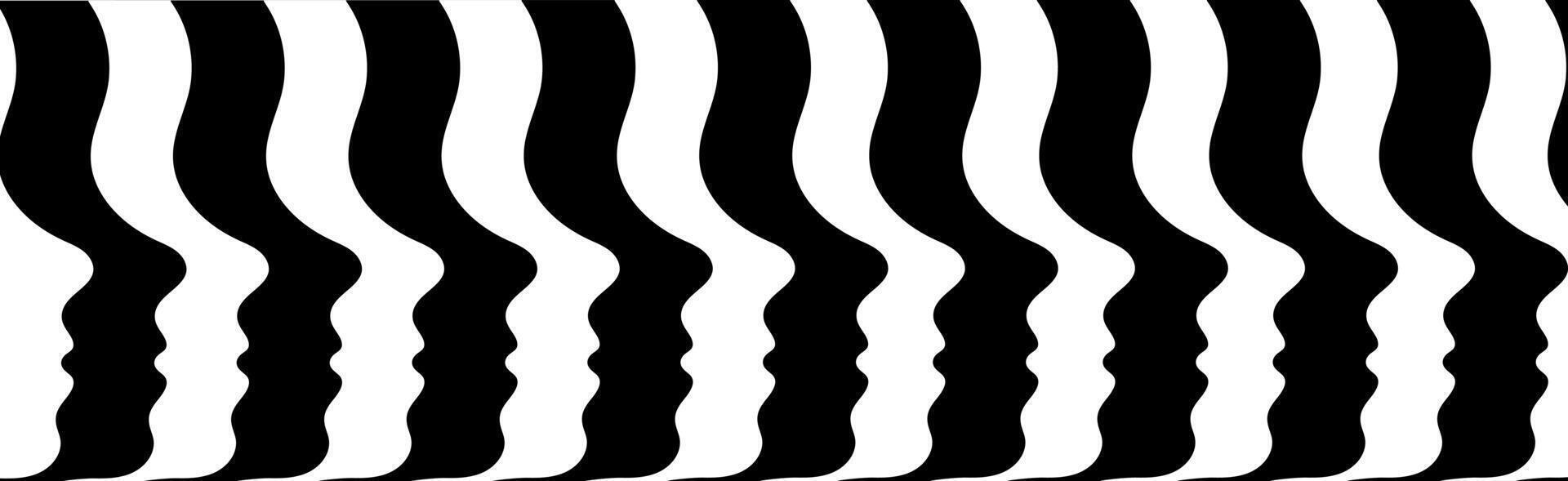 Abstract black and white human side profiles in wavy stripes pattern. Background. Banner. Optical illusion, minimalist, uniformity, sameness, crowd, people, unity, psychedelic design, surreal faces vector