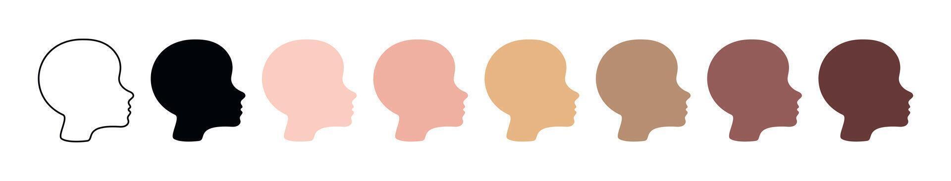 Set of Diverse Human Male Faces in Profile Silhouettes and Outline with Different Skin Tones. Concept of Man, Head, Diversity, Inclusivity, Ethnicity, People. Collection for Design. White background vector