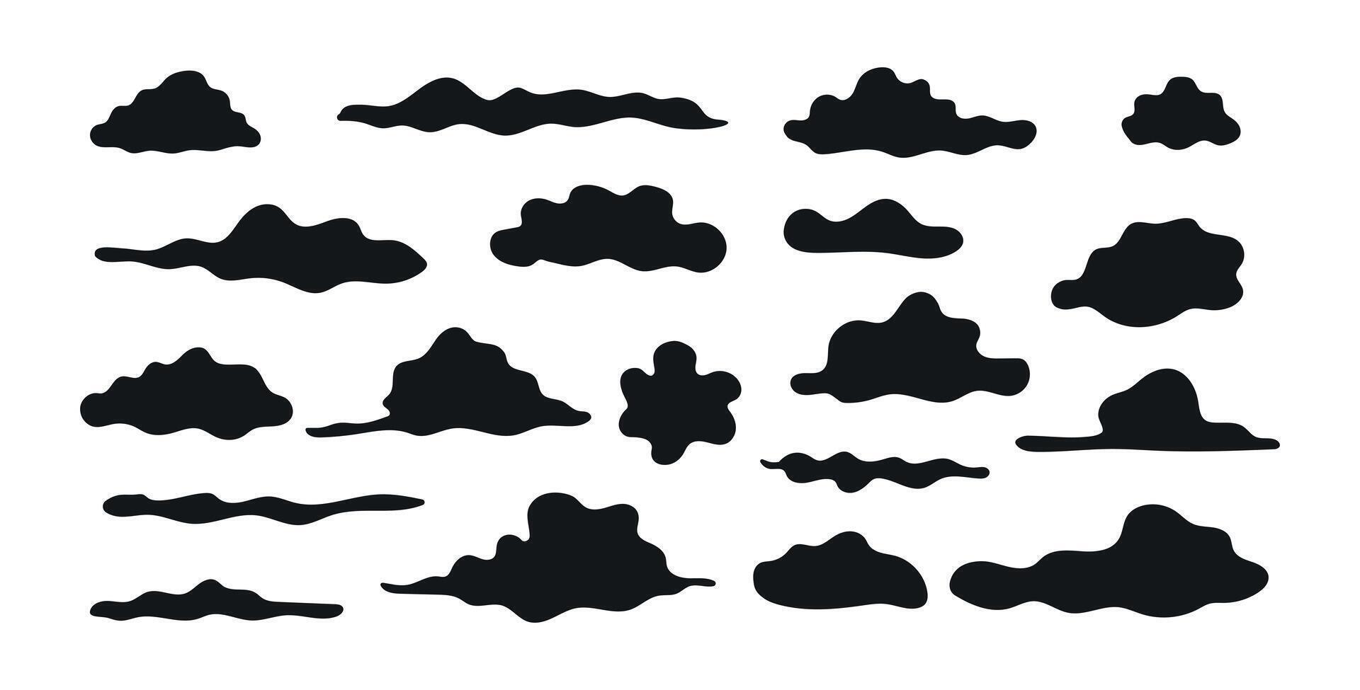 Set of Black Silhouette Cloud Shapes Isolated on White Background. Concept of Weather Icons, Abstract Sky Elements, Minimalist Design, Atmospheric Art, Graphic Illustration Collection. ClipArt vector