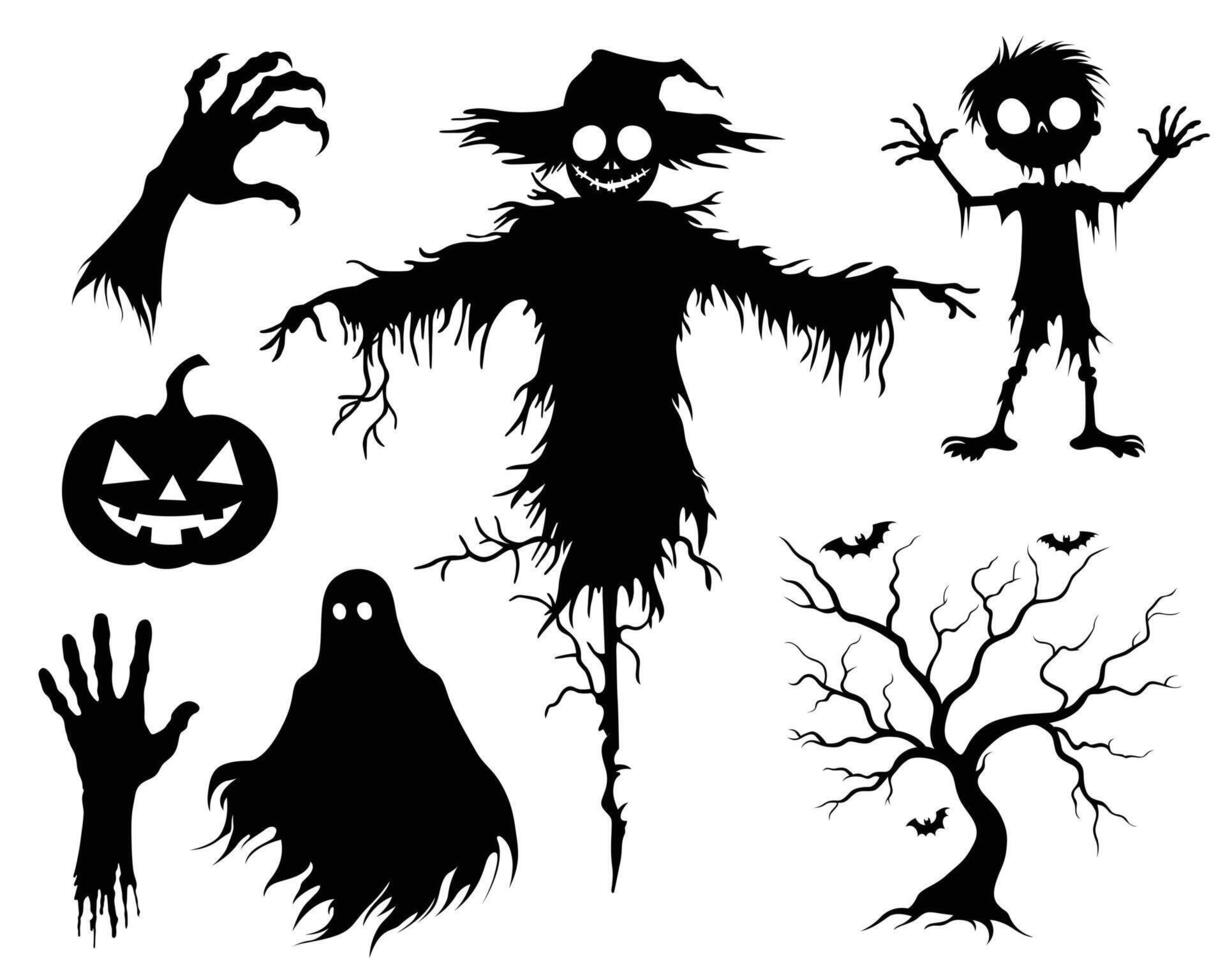 Spooky Halloween Silhouettes. A collection of creepy silhouettes including a scarecrow, ghost, zombie, pumpkin, and eerie tree. vector