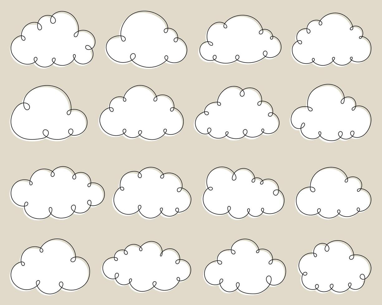 A repeating seamless pattern of simple, cartoon-style white clouds with black outlines on a neutral light brown background. Weather icon. vector
