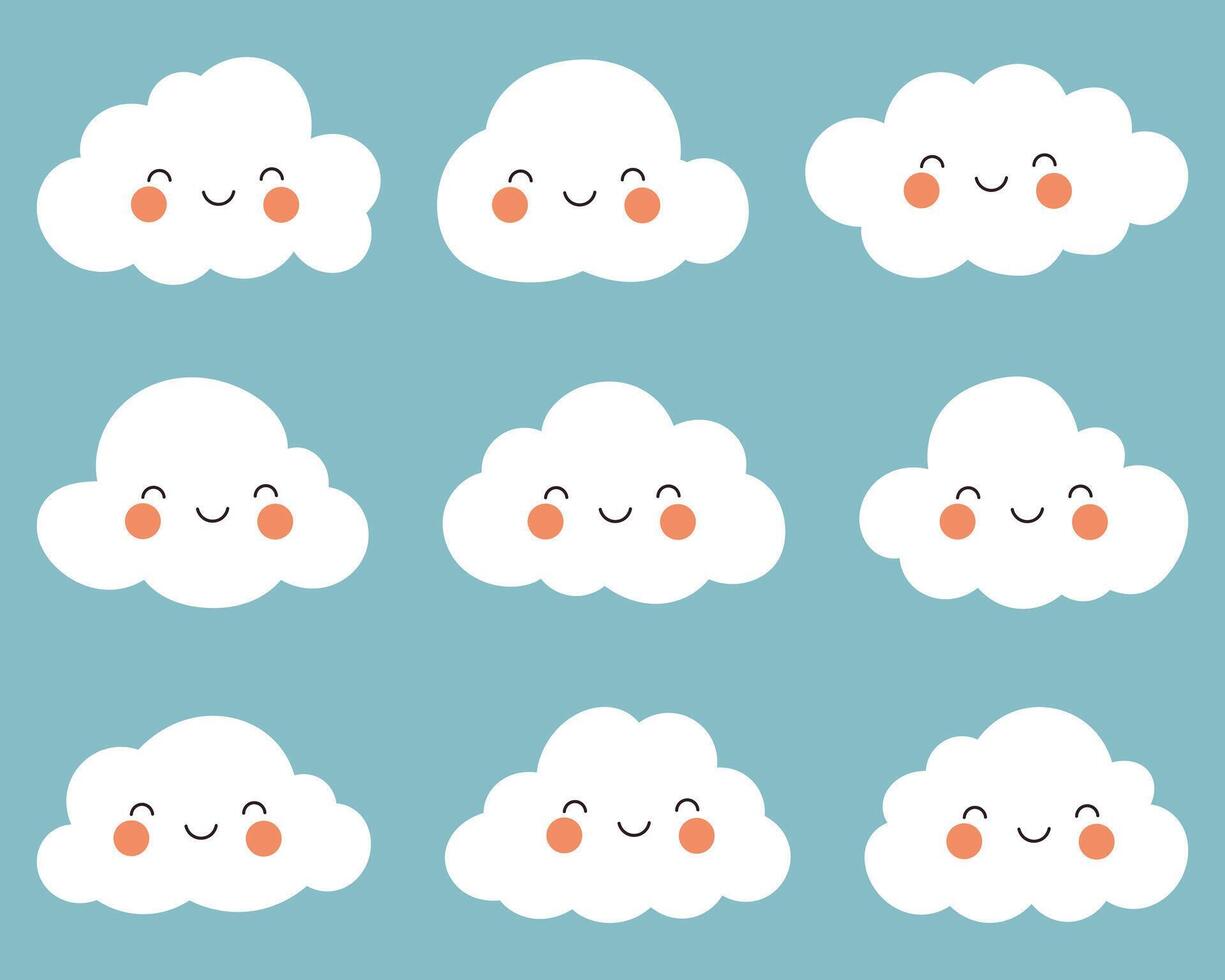 Cartoon clouds float on a light blue backdrop, each adorned with a cheerful smile and rosy cheeks, creating a whimsical atmosphere. vector
