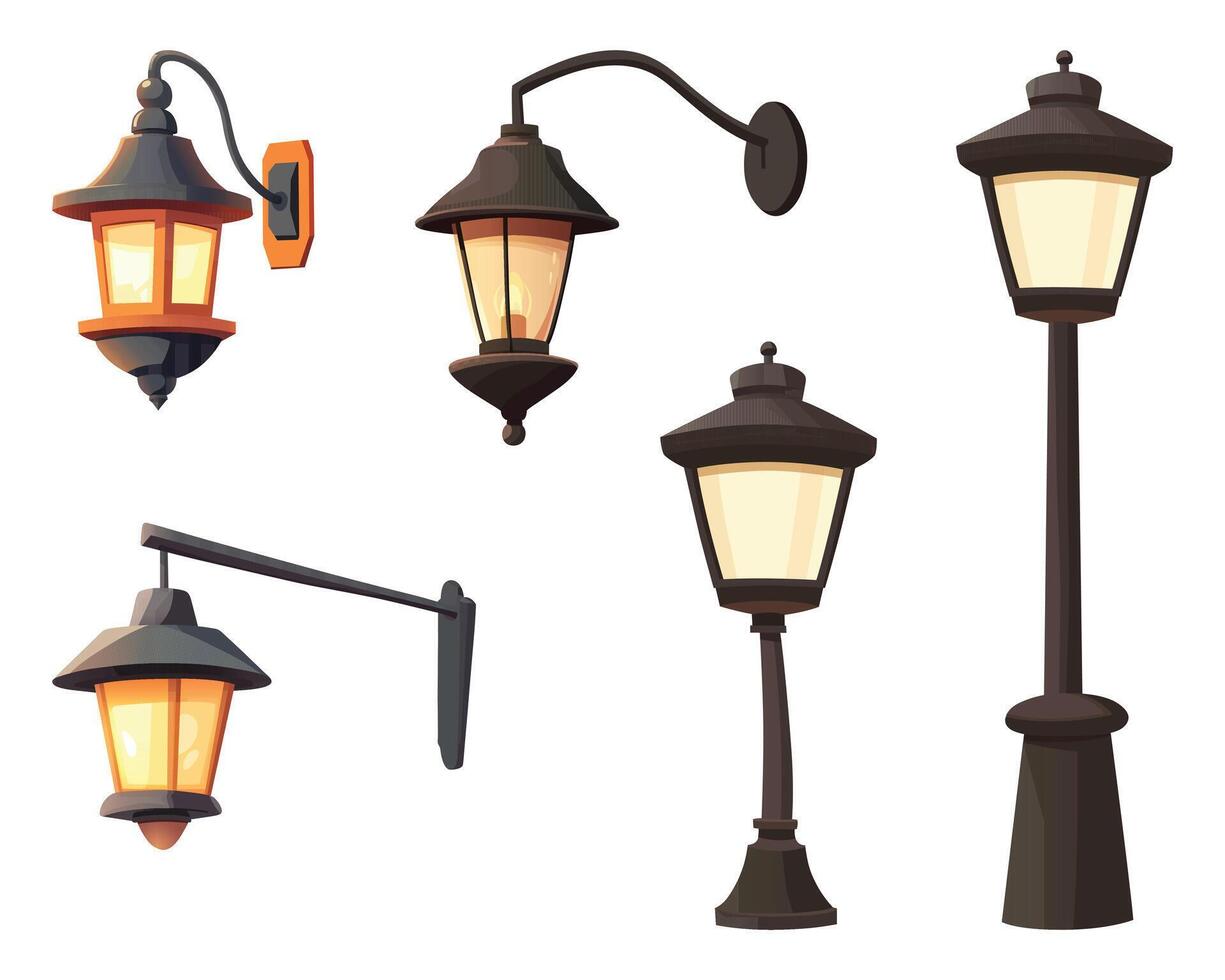 Cartoon image displaying various vintage style outdoor lamps, including wall mounted and standing options, with warm illuminating glow. vector