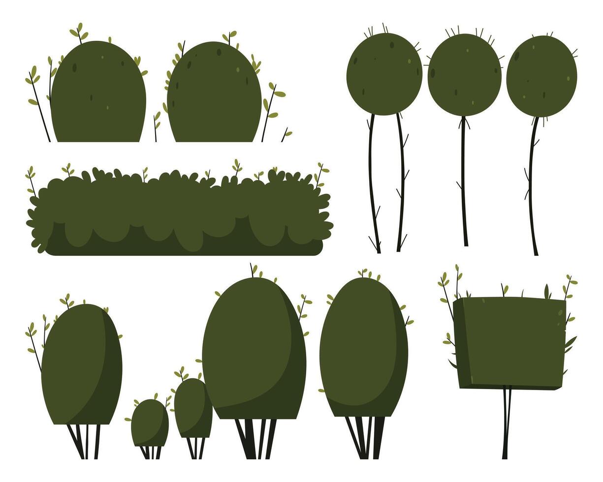 Stylized garden bushes showcasing varied shapes, creating a whimsical, verdant landscape with simple, cartoon-style design and illustration. vector