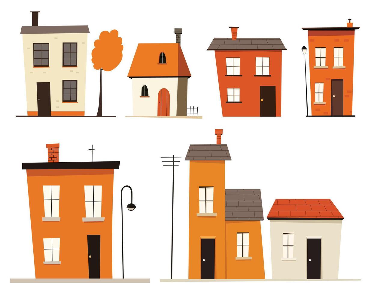 Whimsical street scene with uniquely designed cartoon houses in cheerful colors against a plain background evoking a playful neighborhood feel. vector