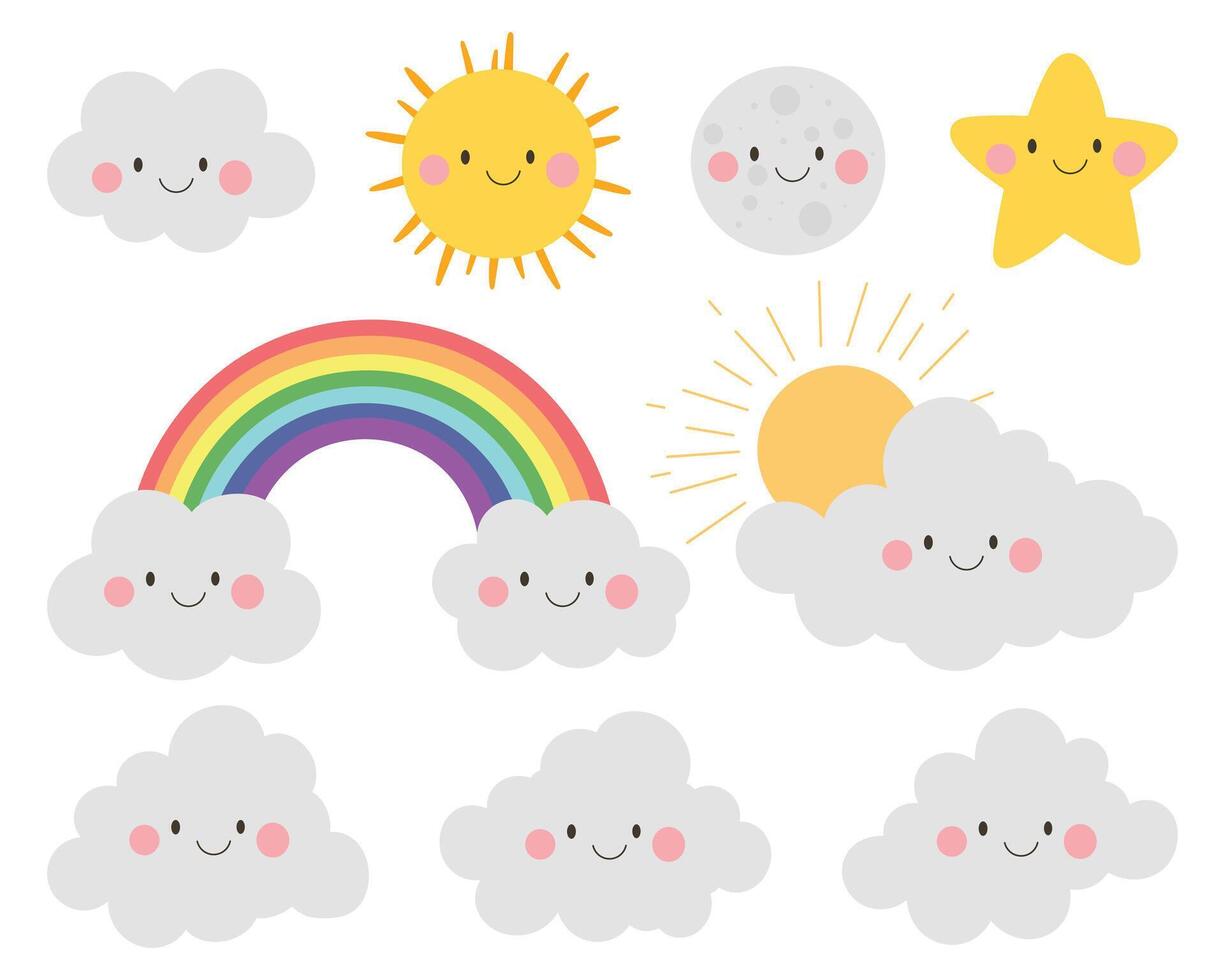 A charming, cartoon-style illustration featuring celestial objects such as clouds, sun, moon, star, and a rainbow, all with smiling faces. vector