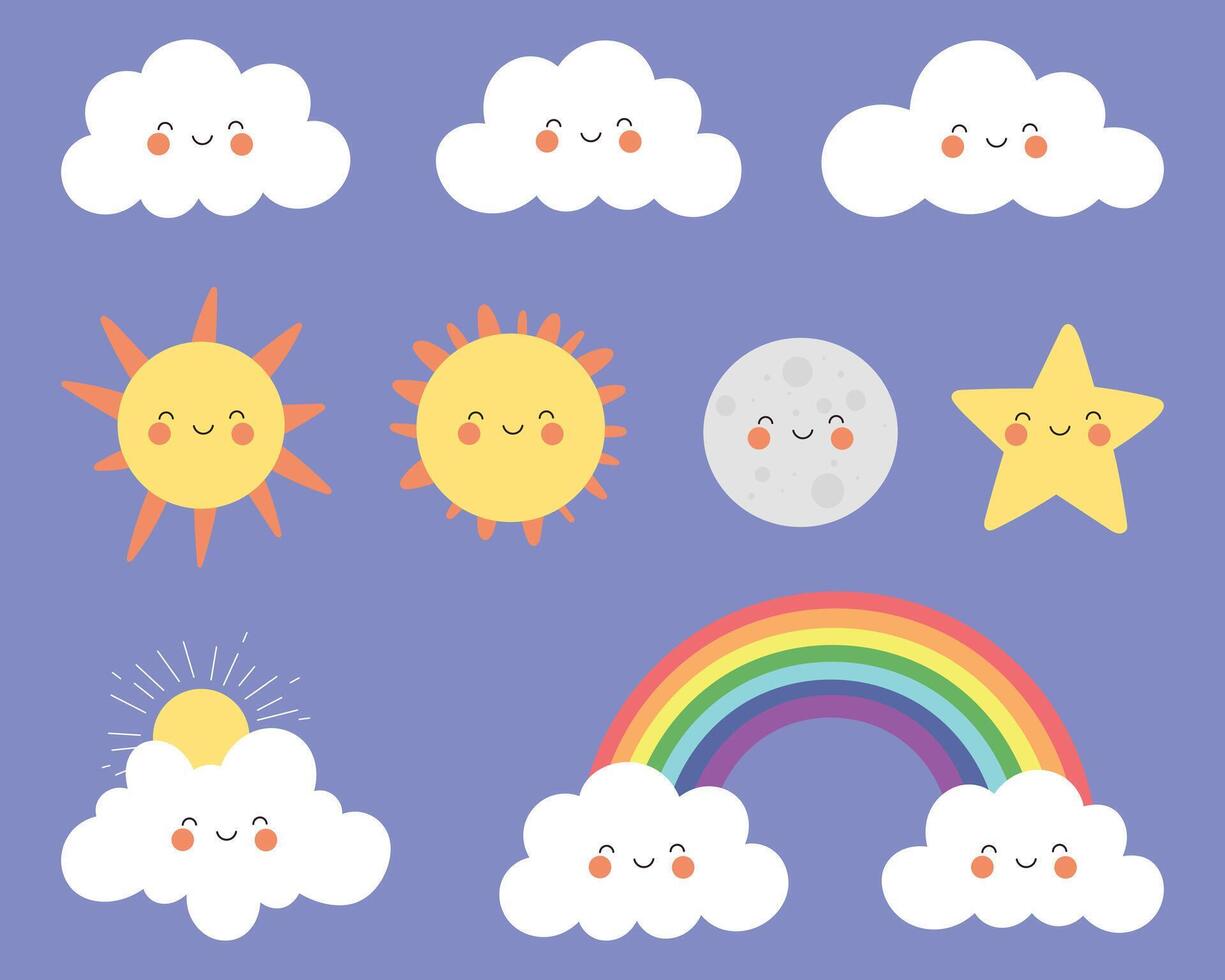 Cartoon sky elements featuring happy clouds, sunshine, rainbow, moon and star on a soft violet background. Cute and cheerful art. vector