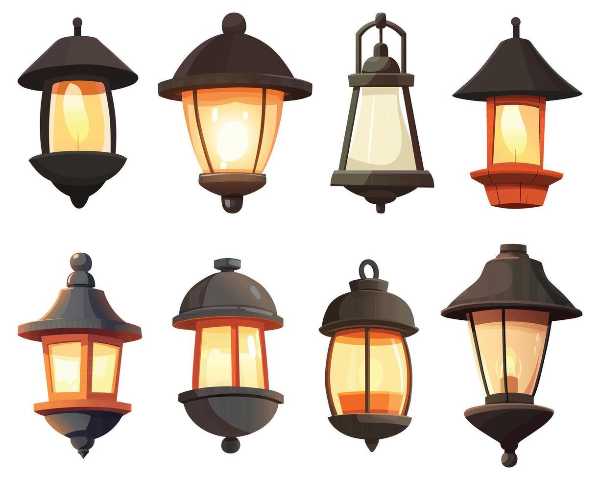 A collection of various outdoor lamps provides illumination and aesthetic appeal, enhancing outdoor spaces with their warm glow and vintage charm. vector