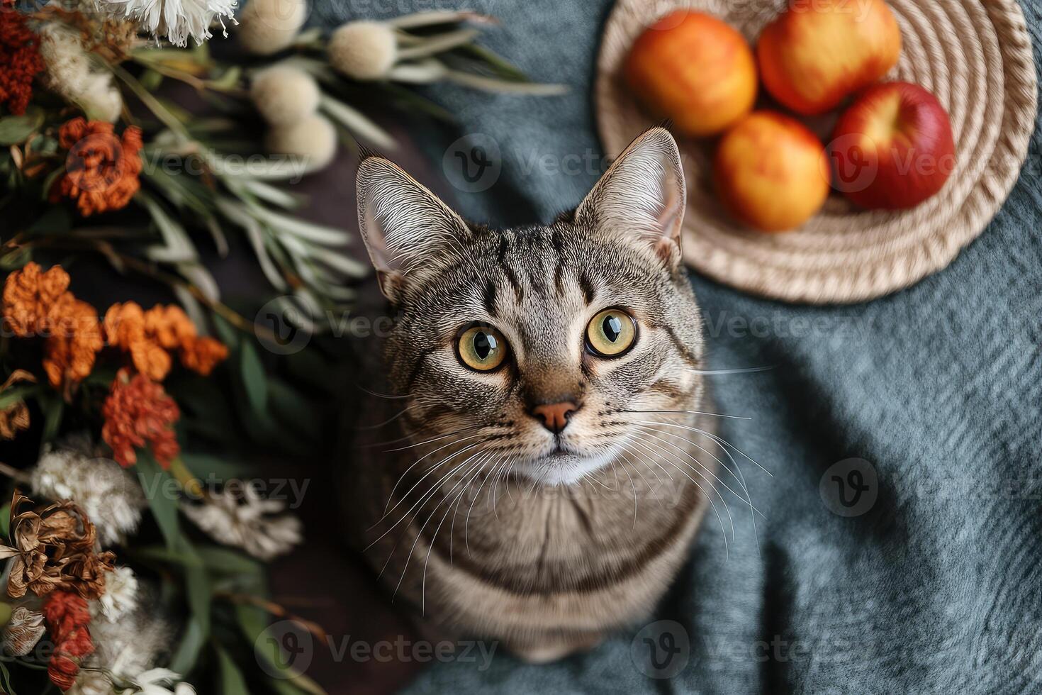 A cat sitting on a blanket with flowers and apples photo