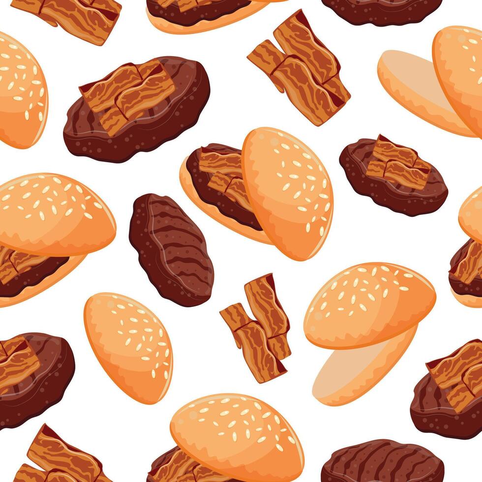 seamless pattern with hamburger icon with wheat bun and beef patty and fried bacon, for World Burger Day vector