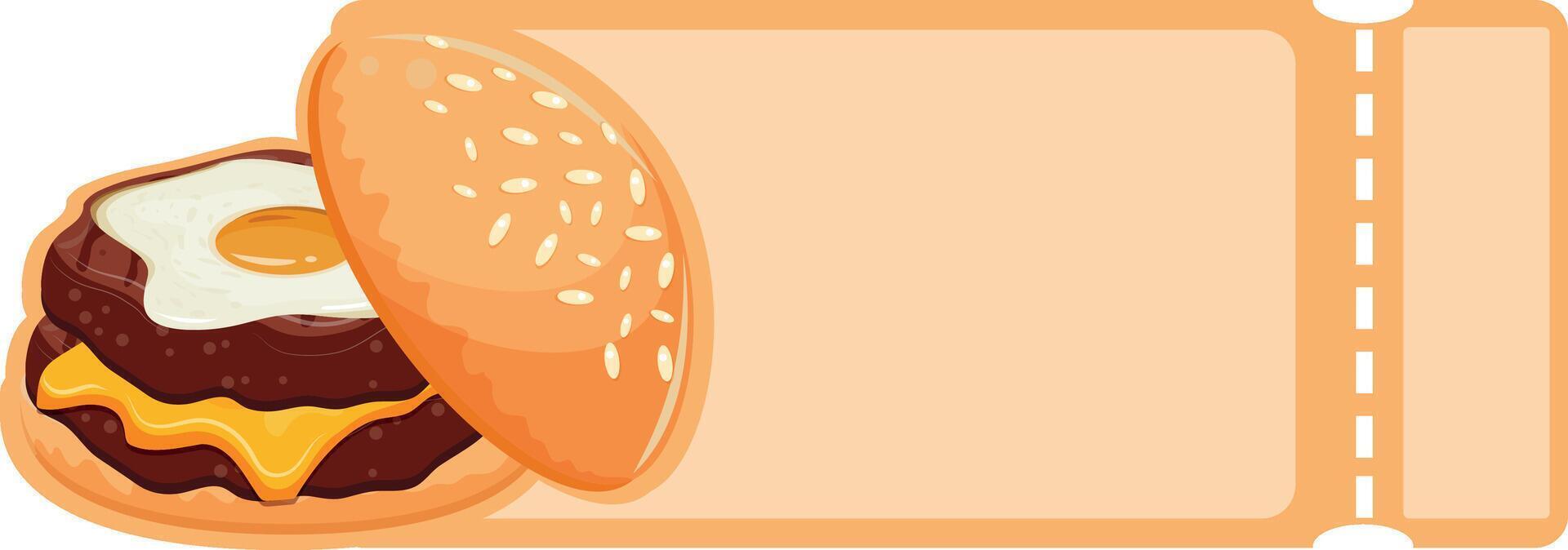 Coupon template with burger icon with fried patty, cheese, fried egg and bun with congee, for World Burger Day vector
