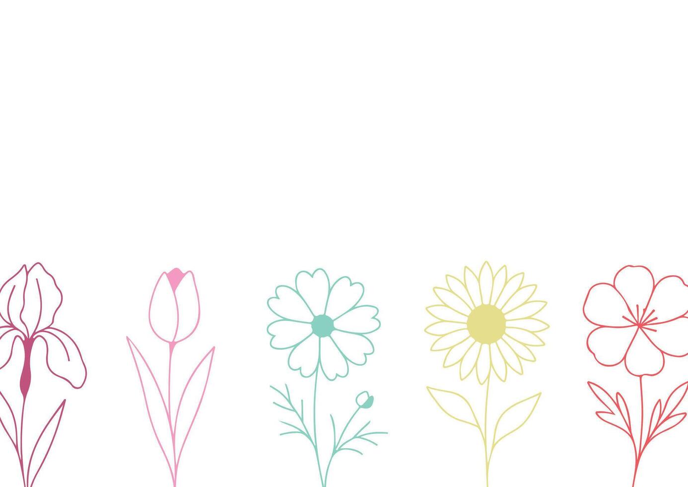 poster or card template with simple icons of buds of various flowers with petals of different sizes drawn with several multi-colored lines in line art style, for logos and tattoos vector