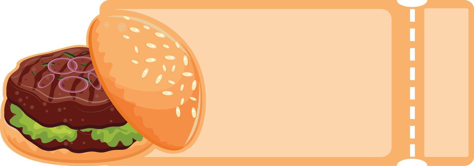 Coupon template with burger icon with fried patty, pickled purple onion and congee bun, for World Burger Day vector