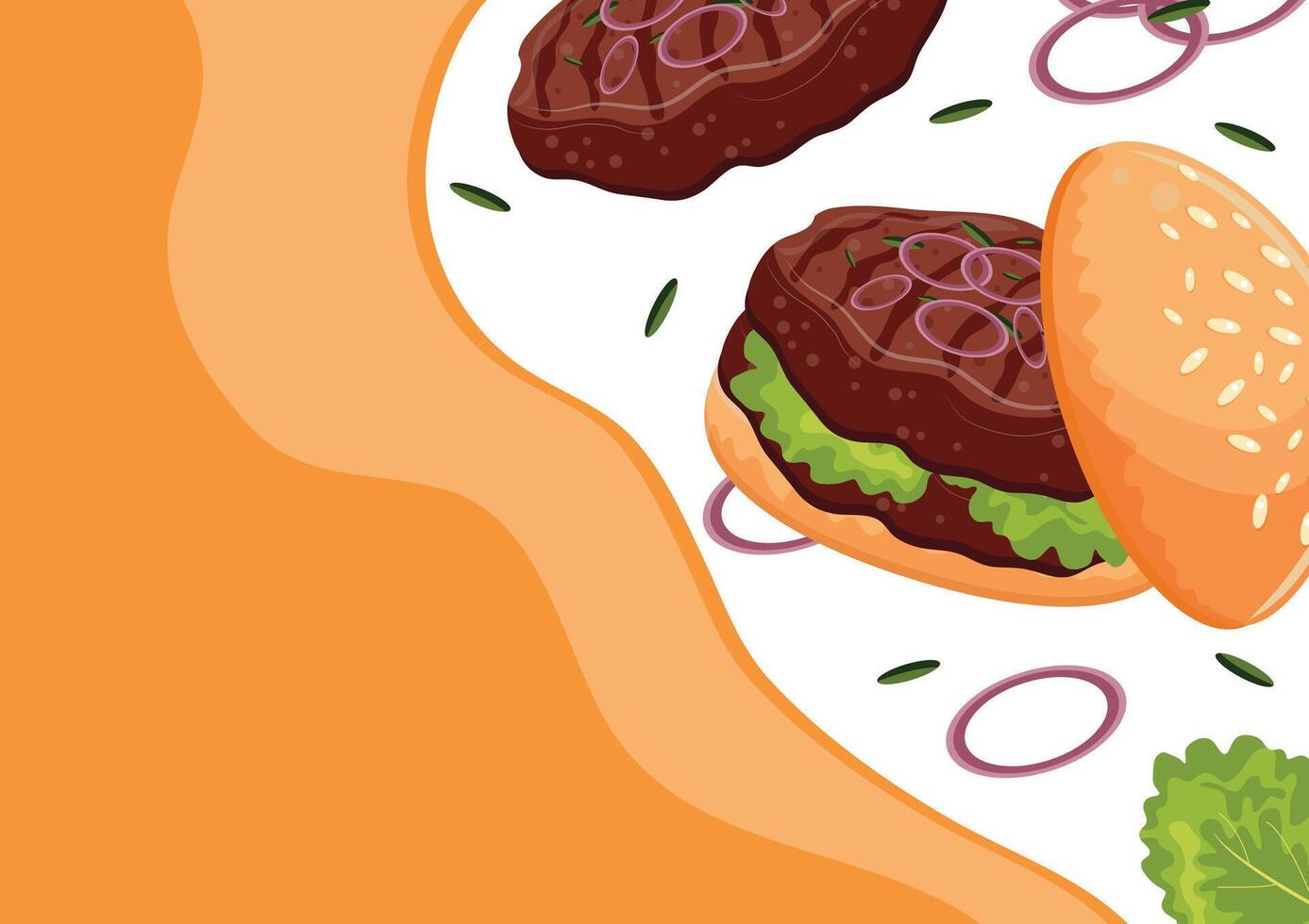 burger poster, namely a burger with fried patties, pickled purple onions in wheat buns and pastel brown spots, for World Burger Day vector