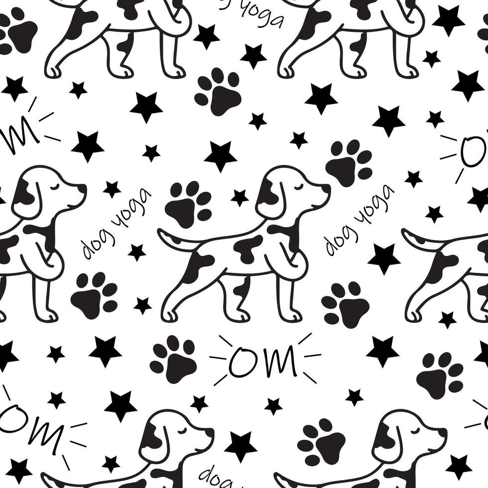 seamless pattern with a simple icon of a dog doing yoga, namely standing with a wrapped paw and meditating and various inscriptions, for logos and various designs vector