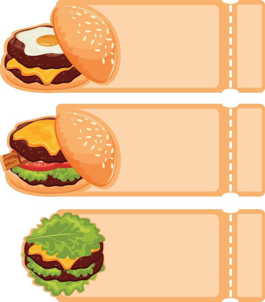 set of three coupons with icons of burgers with beef patty, cheese, bacon and vegetables, for World Burger Day vector